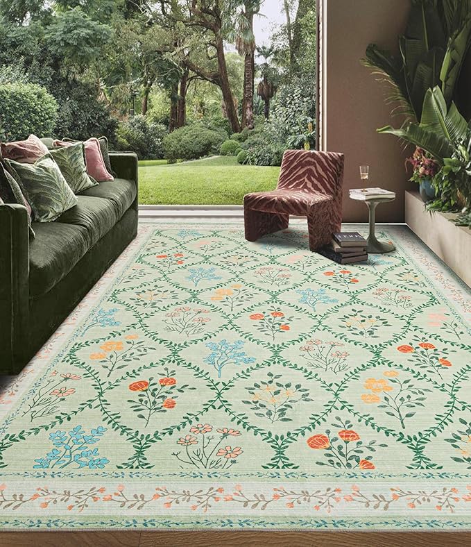 YIHOUSE Green Floral Print Rugs, Moroccan Trellis 9x12 Washable Large Rug, Modern Pastel Non Slip Ultra-Thin Area Rug for Classroom, Nursery Playroom,Dorm,Bedroom,Living Room, Green Multi