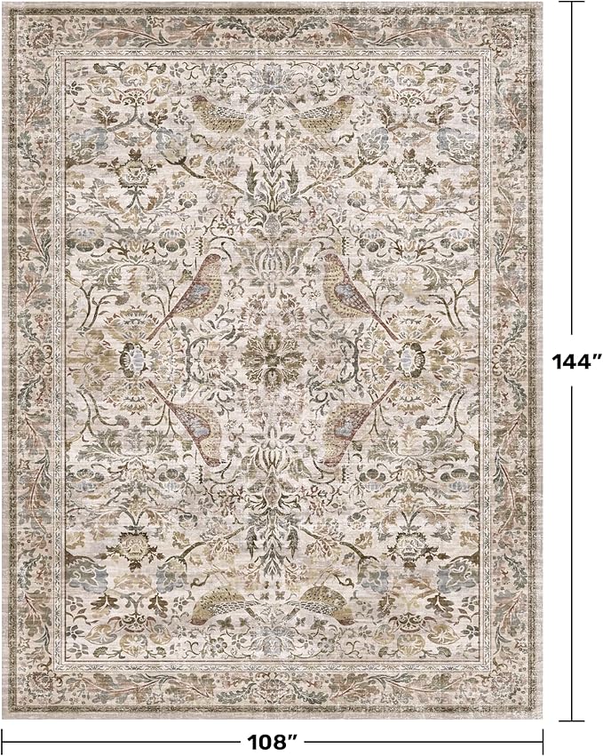 Boho 9x12 Large Area Rug for Living Room - Floral & Bird Soft Rugs for Bedroom,Non Slip Washable Carpet for Dining Room Under Table, Vintage Brown Taupe Indoor Décor, Low Pile Stain Resistant