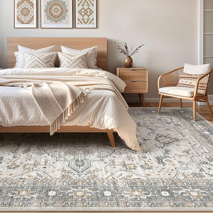 10x14 Area Rugs Living Room: Washable Boho Large Neutral Vintage Soft Rug Stain Resistant Distressed Farmhouse Non-Slip Indoor Floor Carpet for Bedroom Nursery Kids Office Dining Room- Taupe