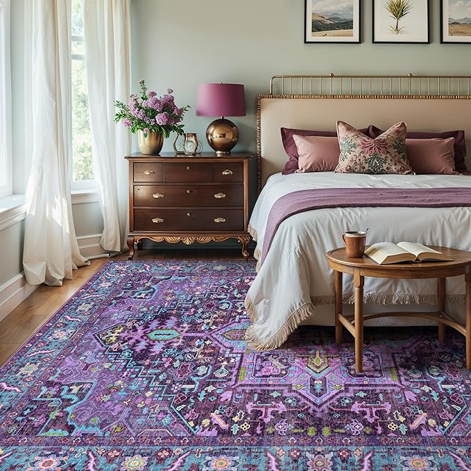 Kokia 8x10 Washable Area Rugs Violet Purple with Vintage Orient Design Soft Rug for Living Room or Bedroom Non-Slip Low Pile Stain Resistance Features Distressed Medallion Pattern