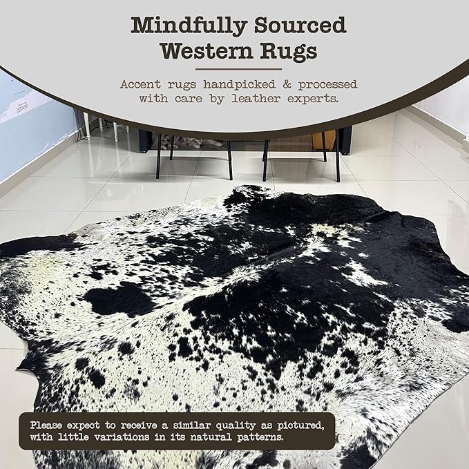 Genuine Cowhide Rug - Natural Leather Hide Rugs for Living Room & Area Rug for Bedroom - Real Cowhides Rug for Rustic Home Decor - Black Speckled Cowhide Rugs Collection, 6x7-8ft