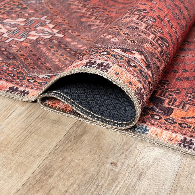 Bloom Rugs Washable Non-Slip 8' x 10' Rug - Red/Multicolor Traditional Bordered Area Rug for Living Room, Bedroom, Dining Room, and Kitchen - Exact Size: 8' x 10'