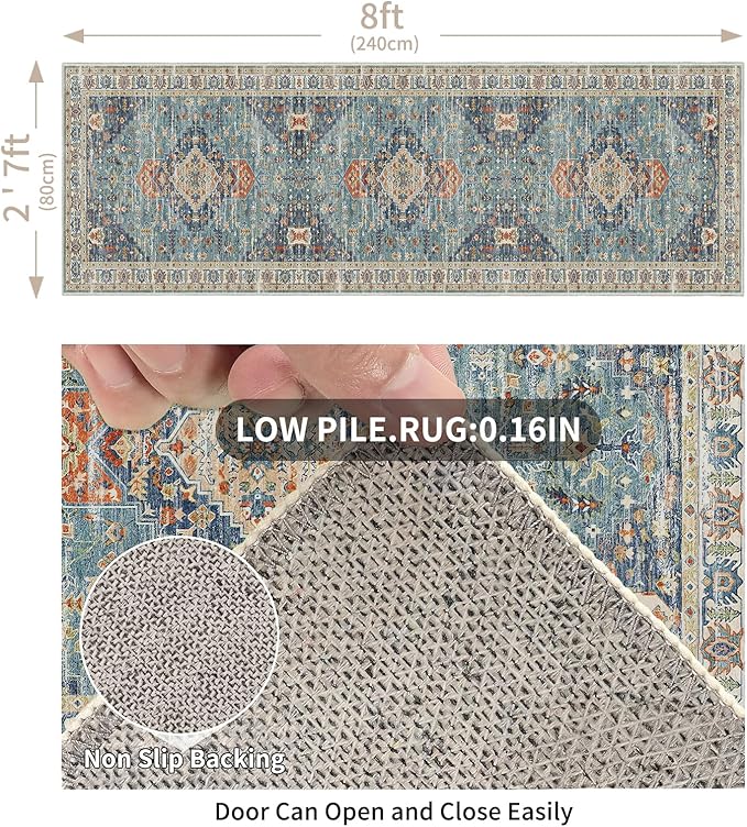 Enkor Runner Rugs for Hallway, 2.6x8 Washable Soft Non Slip Floor Rugs for Kitchen, Modern Mat for Living Room Bedroom Entryway Green & Blue