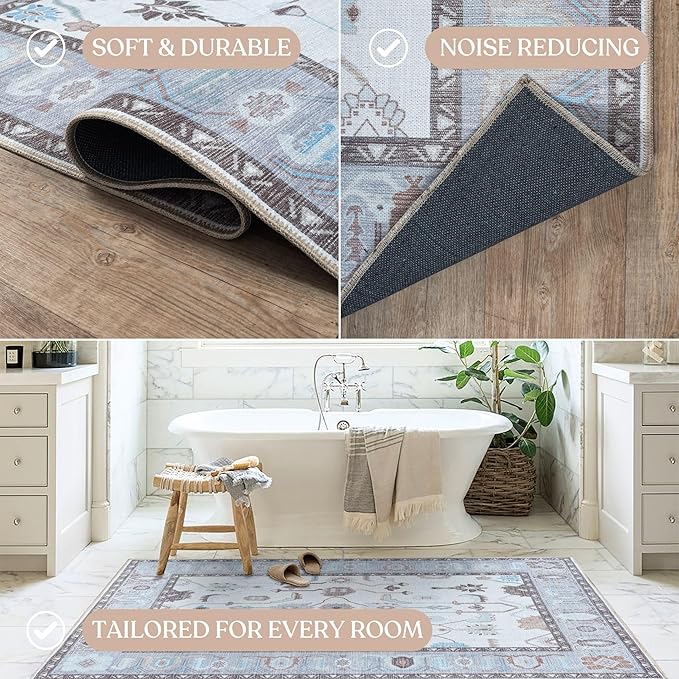 Fame Living Cream Grey Oushak Runner Rug, Modern Runners, Turkish, Eclectic, Floral, Pastel, Washable, Small Rugs, Short Runner for Hallway, Entryway, Laundry, Bedroom, Kitchen, Bathroom, 2'5"x6'5"