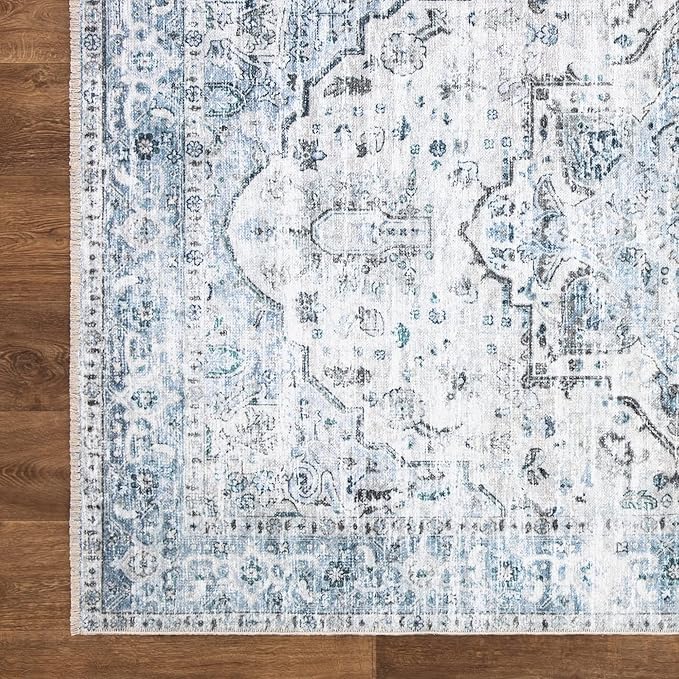 Bloom Rugs Caria Washable Non-Slip 4x6 Rug - Ivory/Blue/Gray Traditional Area Rug for Living Room, Bedroom, Dining Room, and Kitchen - Exact Size: 4' x 6'