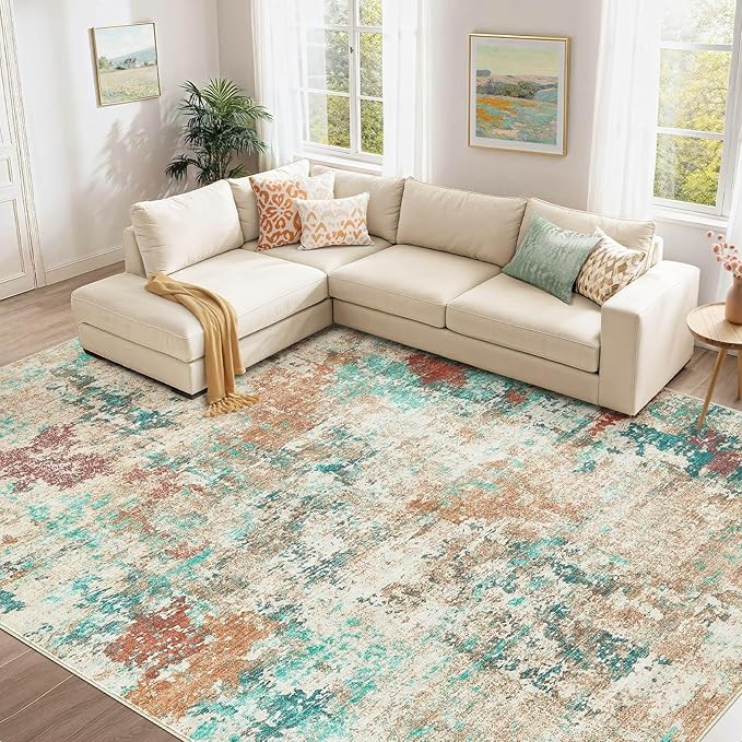 9x12 Christmas Area Rug Living Room Rugs - Washable Neutral Modern Abstract Soft Thin Large Rug Indoor Floor No Slip Rug Carpet for Bedroom Under Dining Table Home Office Decor - Colorful