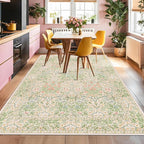 Light Beige Green Floral Living Room Rug, 7x9 Washable Area Rug for Kids Room, Bedroom, Nursery Room, Living Room, Dining Room, Low Pile Non-Slip - Vintage Design & Stain Resistance