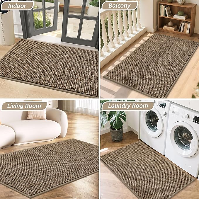 BEQHAUSE Dirt Trapper Door Mat 17" x 30", Non-Slip Doormats (Rolled-Up NO Creases) Washable Entryway Rug, Dirt Resist and Absorbent Welcome Mat, Low Profile Floor Mats for Front Back Door, Beige