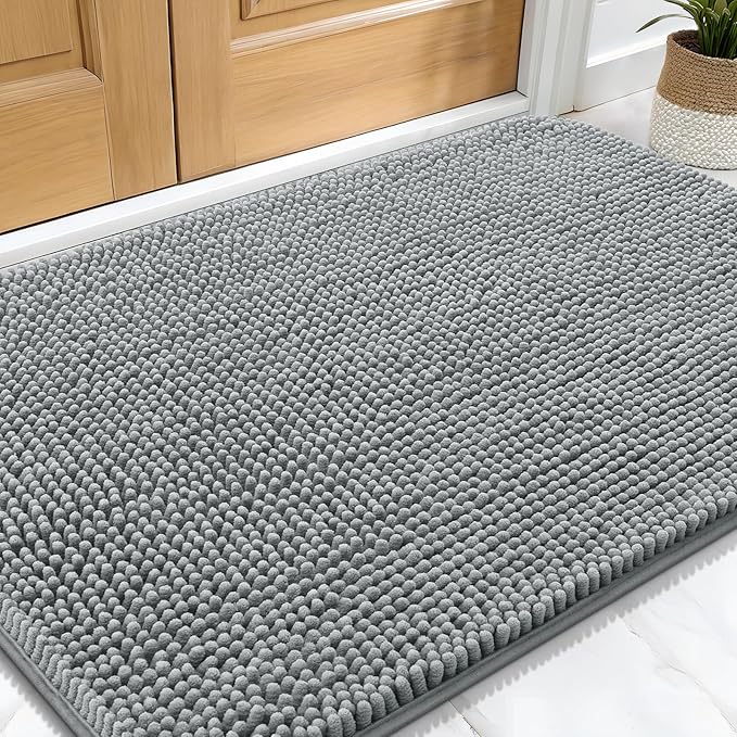 OLANLY Dog Door Mat for Muddy Paws 32x20, Absorbs Moisture and Dirt, Absorbent Non-Slip Washable Doormat, Quick Dry Chenille Mud Mat for Dogs, Entry Indoor Entryway Carpet for Inside Floor, Grey