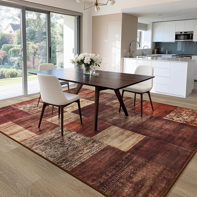 Tepook Modern Area Rug for Living Room, 4x6 Geometric Large Rugs for Bedroom, Washable Patchwork Rug Indoor Non-Slip Throw Carpets for Dining Room Office Farmhouse Home Decor, Red