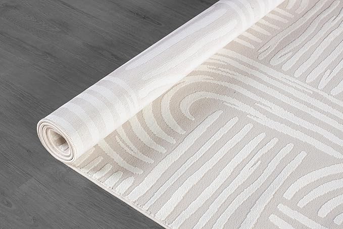 Beverly Rug Modern Geometric Area Rug 8x10 Low-High Pile Durable Soft Abstract Curved Indoor Rugs for Living Dining Room Office Stain Resistant Non Shedding Casual Indoor Carpet Beige White 8 x 10