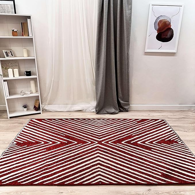 Alfa Rich 5x8 Geometric Red Burgundy Off White Washable Area Rugs for Living Room Bedroom Cotton Rug