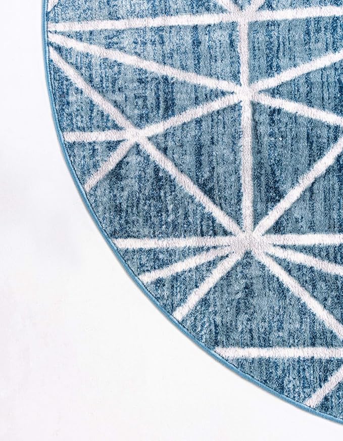 Rugs.com Lattice Trellis Collection Rug – 8 Ft Round Blue Low-Pile Rug Perfect for Kitchens, Dining Rooms