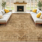 Large Brown Golden Rug for Dining Room Table - Rustic Farmhouse 9x12 Area Rug for Living Room, Bedroom Under Bed, Non Slip with Rubber Backing & Stain Resistant
