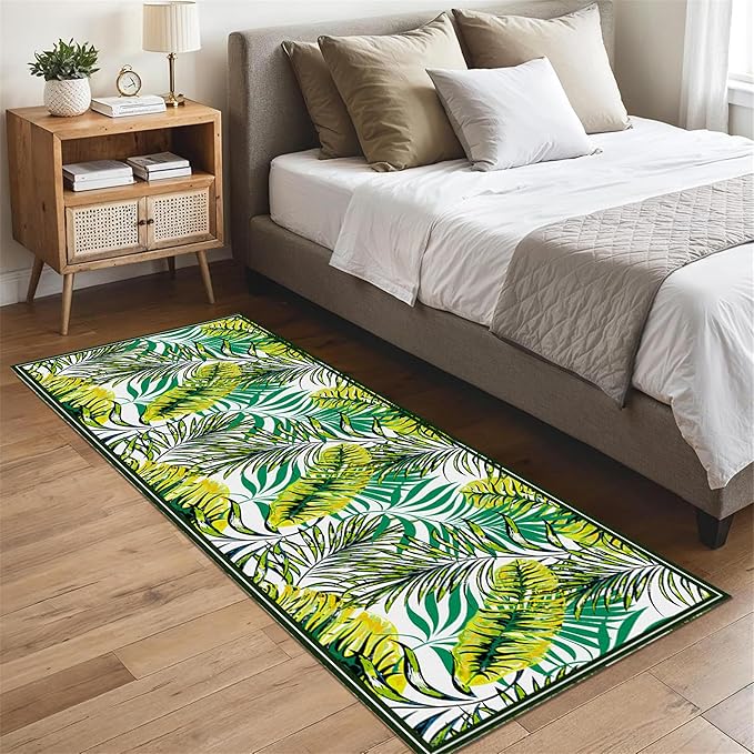 Green Botanical Tropical Leaves Rug 2x8ft - Non-Slip Washable Runner, Soft Durable Floor Mat for Hallway, Kitchen, Bedside, Entryway Home Decor