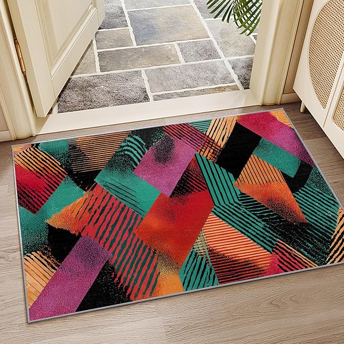 Patchwork Rug - 5x7 Rug, Colorful Geometric Art Area Rugs, Abstract Retro Aesthetic Washable Soft Floor Carpets Home Decor #C033