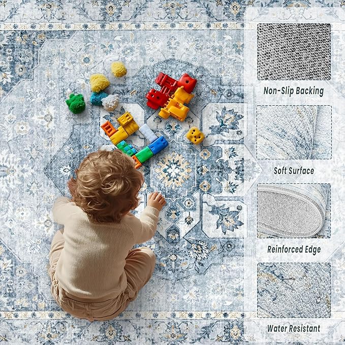 5x7 Area Rugs Washable Rugs for Living Room, Vintage Boho Rug Non-Slip Soft Floral Distressed Rug Low Pile Stain Resistant Carpet for Bedroom Nursery Office Dining Room Farmhouse Dorm(Blue, 5'x7')