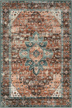 Moynesa Ultra-Thin Vintage Area Rug - 6x9 Washable Bedroom Rug Large Living Room Rug Non-Slip Dining Room Mat, Oriental Printed Low Pile Nursery Carpet for Office Kitchen Entryway, Brick Red/Dull Teal