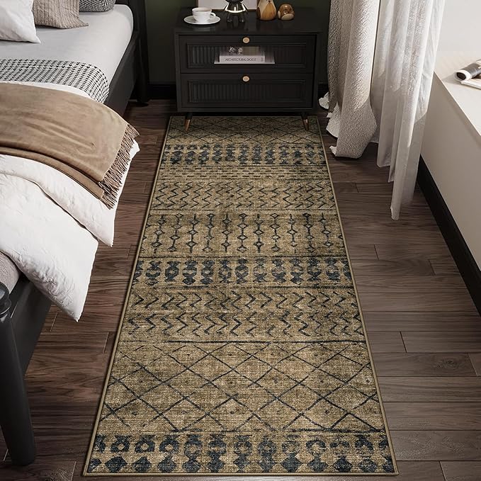 2x8 Machine Washable Runner Rug, Kitchen Hallway Area Rug, Brown Black Vintage Moroccan Rug Ultra Non-Slip Low Pile Soft Faux Wool Carpet, Kids and Pets Friendly for Bedroom Entryway Bedside Decor Rug