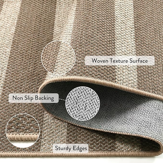 Lahome Striped Easy Jute Rug, 5x7 Dining Room Office Rug Washable Outdoor Patio Rug, Farmhouse Neutral Non Slip Stain Resistance Indoor Outdoor Carpet for Deck Classroom, Khaki