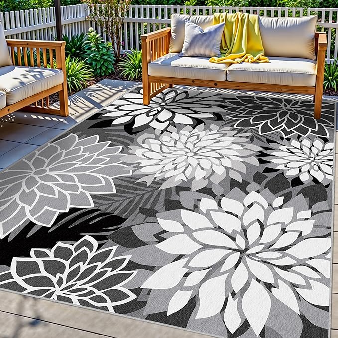 8x10 Outdoor Area Rug Washable Multicolored Patio Rug Tropical Botanical Floral Chenille Waterproof Outdoor Carpet Non-Slip for Deck, Backyard, Porch, Black