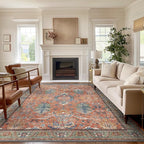 Area Rugs 8x10 Clearance Washable Boho Rug for Bedroom Living Room, Non Slip Thin Low Pile Chenille Carpet for Dining Room,Vintage Farmhouse, Terracotta/Blue