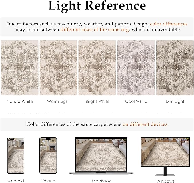 Area Rug 9x12 Beige Washable Living Room Carpet Non Slip Vintage Medallion Indoor Bedroom Carpet Low Pile Soft Retro Distressed Large Rug Home Office Dining Room Playroom