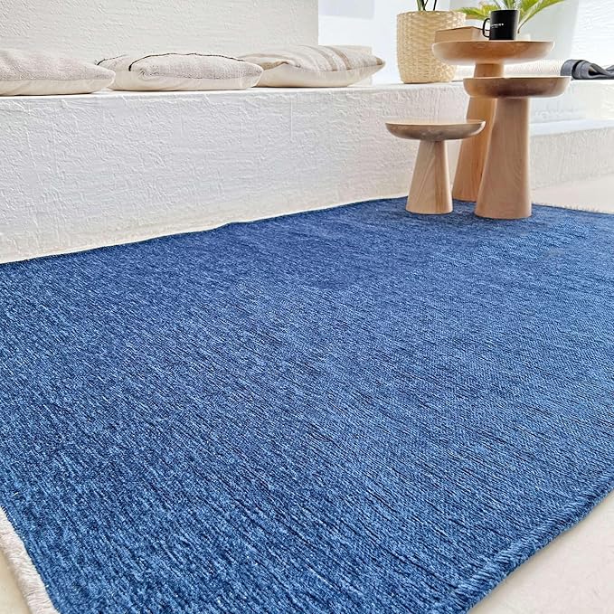 Alfa Rich 7x10 Dark Blue Washable Area Rugs for Living Room Bedroom Kitchen Cotton Decor Solid Rug