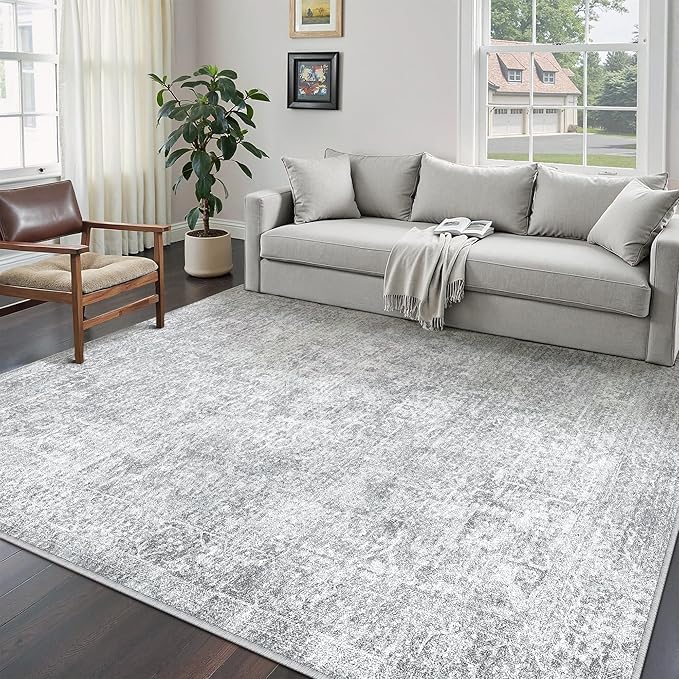 5x7 Area Rug Washable Vintage Living Room Carpet Large Indoor Non Slip Grey Bedroom Distressed Low Pile Retro Accent Throw Rug for Dining Room