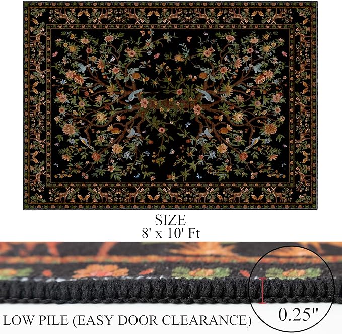 8x10 Area Rugs for Living Room, Machine Washable Non-Slip Carpet, Boho Floral Low Pile Throw Rugs for Bedroom, Dining Room, Office, Nursery, Vintage Home Decor（Black）