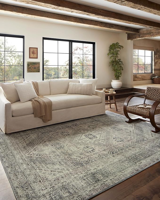 Loloi Magnolia Home by Joanna Gaines Sinclair Collection SIN-04 Natural/Sage 5'-0" x 7'-0", .25" Pile Height, Machine Washable, Area Rug