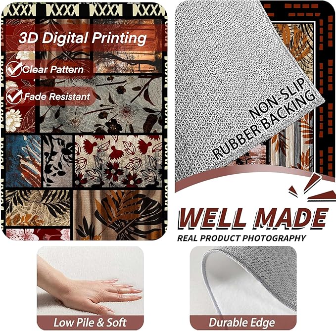 Rustic Cabin Area Rug 8x10ft, Animal & Moroccan Plaid Pattern Vintage Boho Carpet, Stain-Resistant Pet-Friendly & Non-Slip Low Pile for Living Room, Bedroom, Dining Room