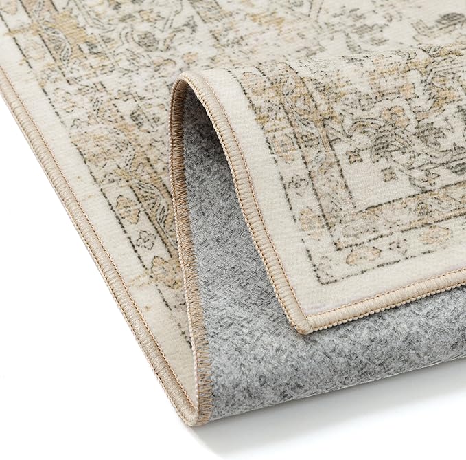 9x12 Washable Area Rug Beige Vintage Distressed Large Rug for Living Room Oriental Soft Thin Indoor Retro Carpet Non Slip Low Pile Floor Cover for Bedroom Dining Room Office Nursery