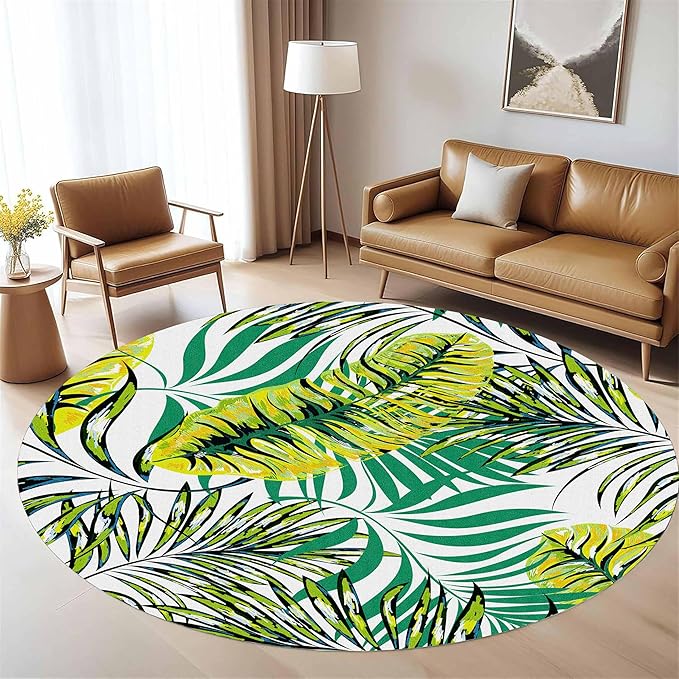 Tropical Round Rug 6ft, Watercolor Palm Leaves Pattern Low Pile Circle Carpet, Non-Slip Washable & Non-Shedding Indoor Mat for Bedroom, Entrance, Office Decor