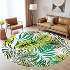 Tropical Round Rug 4ft, Watercolor Palm Leaves Pattern Low Pile Circle Carpet, Non-Slip Washable & Non-Shedding Indoor Mat for Bedroom, Entrance, Office Decor