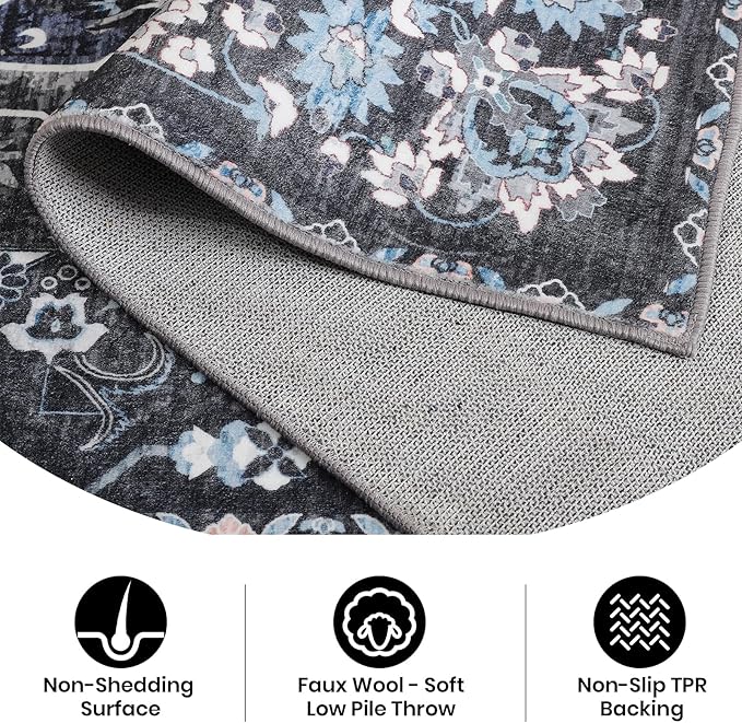 Area Rug for Living Room, 9x12 Machine Washable Non Slip Large Faux Wool Throw Rug, 0.3″ Low Pile & Non-Shedding Boho Large Carpet Rugs for for Dining Room, Bedroom, Office (Black)