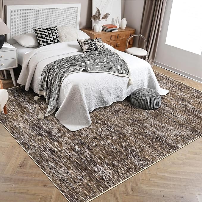 RUGSREAL Bedroom Area Rug 4x6 Modern Abstract Area Rug Stain Resistant Small Living Room Rug Contemporary Dining Room Rug Non-Slip Solid Rug Aesthetic Accent Floor Carpet for Kitchen Office, Brown