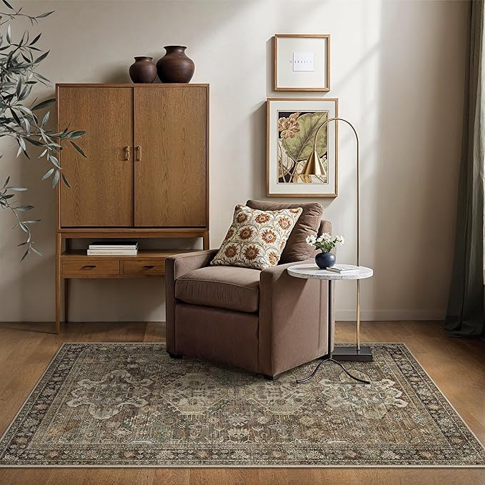 Bavni 3x5 Area Rug for Living Room Bedroom, Washable Boho Print Vintage Aesthetic Rug, Ultra-Thin Low Pile Rugs for Entryway Playroom with Non Slip Backing, Brown