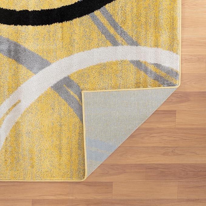 Rugshop Wavy Circles Design Round Rug, Fade-Resistant Carpet for Living Room, Dining Area, or Office, Yellow, 6'6" Round