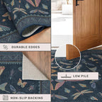 Blue 5x8 Washable Living Room Rugs - Stain Resistant Non Slip Insect Rug for Dining Room, Low Pile & Soft Carpet for Bedroom, Dark Vintage Décor Indoor, Non Skid with Rubber Backing