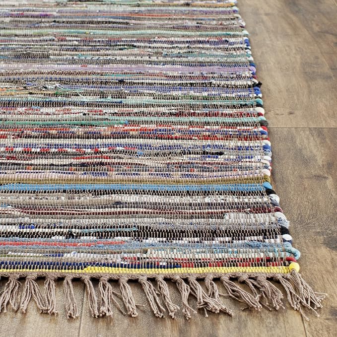 SAFAVIEH Rag Rug Collection Area Rug - 6' Square, Rust & Multi, Handmade Boho Stripe Cotton, Ideal for High Traffic Areas in Living Room, Bedroom (RAR121E)