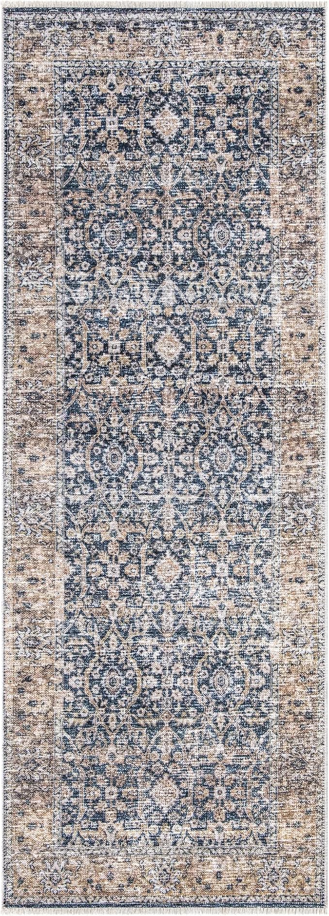 Bloom Rugs Caria Washable Non-Slip 10 ft Runner - Dark Blue/Tan Traditional Runner for Entryway, Hallway, Bathroom, and Kitchen - Exact Size: 2'6" x 10'