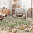 Area Rug 5x7 Washable Rug, Vintage Boho Medallion Rugs Non-Slip Soft Low Pile Large Distressed Rug Indoor Retro Carpet for Living Room Bedroom Dining Room Home Office (Vintage Green, 5'x7')