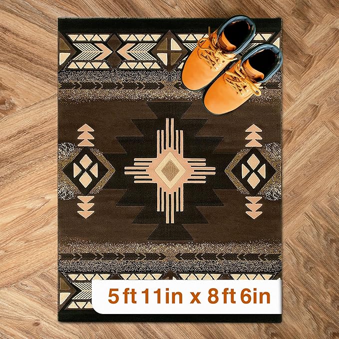 YHSF South West Native American Area Rug C318 - Easy Clean, Thick, Soft, Durable Native Tribal American Indian Inspired Rug for Bedroom/Living Room and More - Chocolate Brown, 5 ft 11 in x 8 ft 6 in