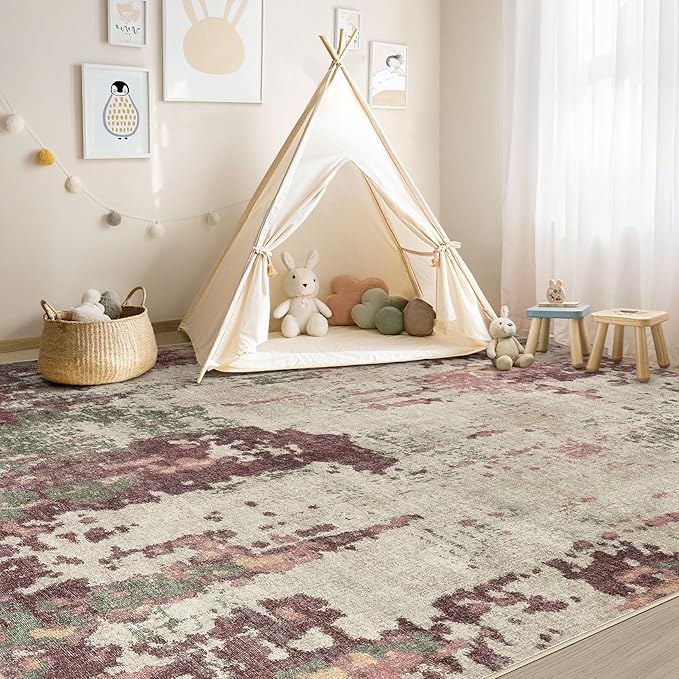 6x9 Area Rug Living Room Rugs - Washable Neutral Modern Abstract Soft Thin Rug Indoor Floor No Slip Rug Carpet for Bedroom Under Dining Table Home Office Decor - Purple/Green/Beige