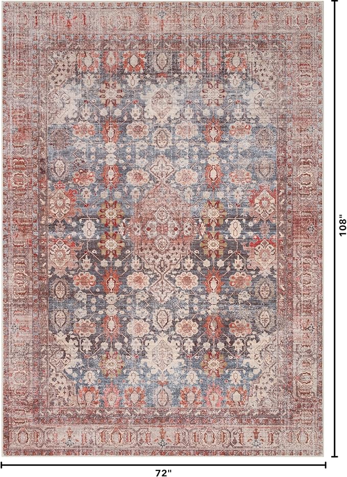 Kuden 6x9 Area Rug, Machine Washable Area Rug with Non-Slip Backing, Vintage Style, Soft, Easy Clean, Low Pile Rug for Living Room, Bedroom, Dining Room