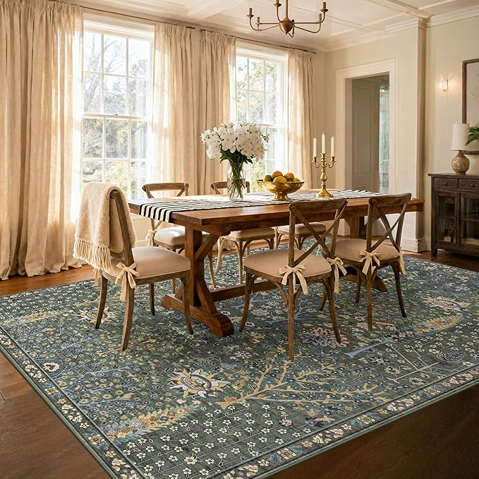 Kokia Boho Vintage Floral Area Rugs, Washable Oriental Botanical Rugs for Living Room, Bedroom, Dining Room, Office, Large Soft Indoor Area Rug, Sage Green，8x10