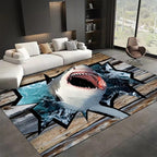 Sea Shark Kids Rugs, 4x5ft, Fierce Shark 3D Printed Carpet for Indoor, Marine Animals Broken Wooden Boards Realistic Effect Floor Mat, Dirty Resistant Machine Washable Carpets for Dorm