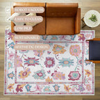 Fame Living Pink Oushak Rug, Modern, Vintage, Turkish, Eclectic, Floral, Pastel, Washable, Area Rugs for Living Room, Dining, Bedroom, Nursery, Girls, Boys, 5'9"x8'9"