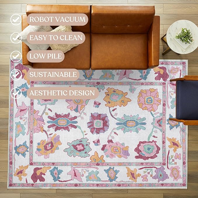 Fame Living Pink Oushak Rug, Modern Rugs, Vintage, Turkish, Eclectic, Floral, Pastel, Washable, Small Throw, Accent Area Rug for Living Room, Bedroom, Kitchen, Bathroom, 2'5"x4'9"